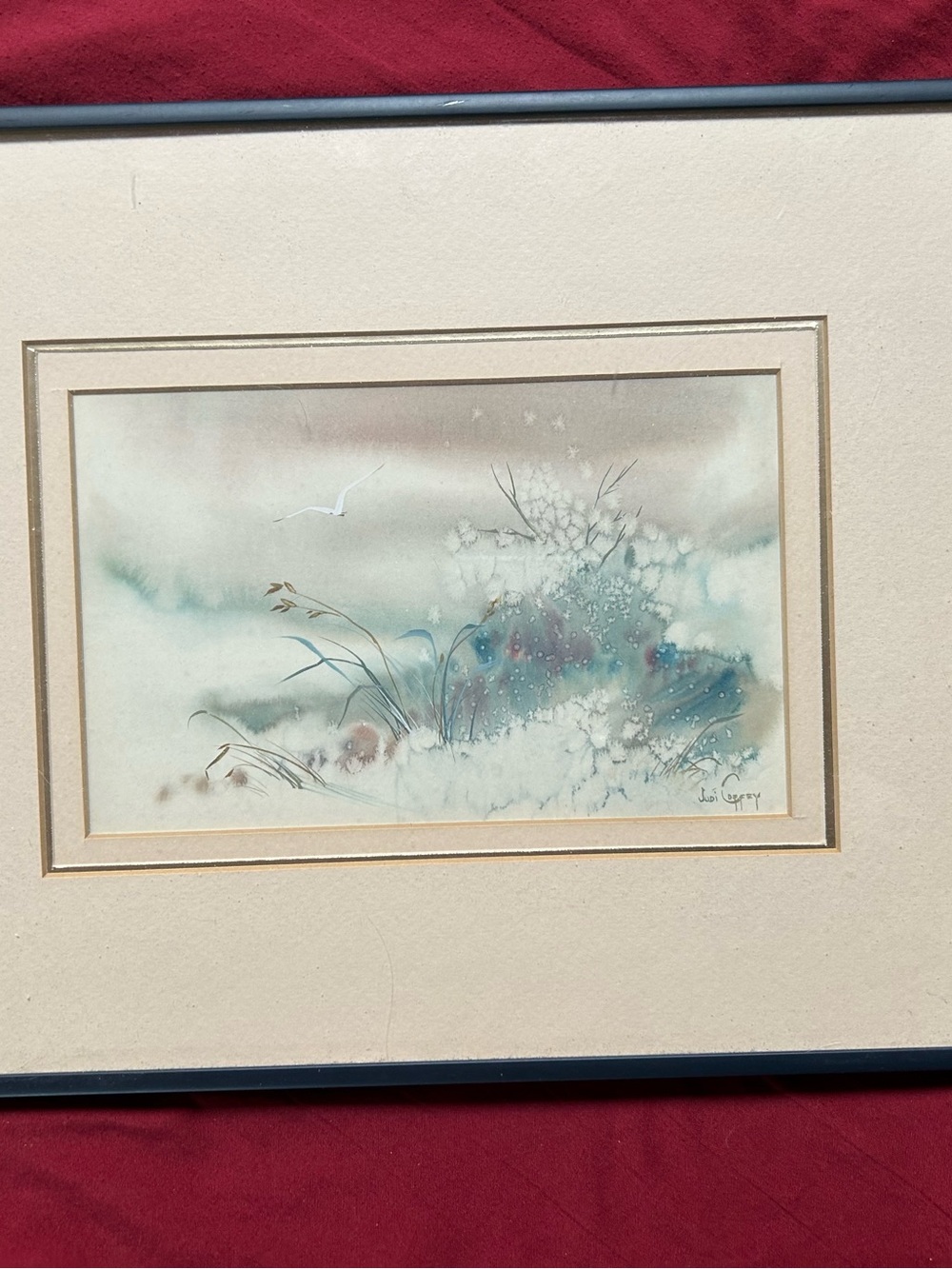 Original watercolor in Teal and Cream by Judi Coffey in Navy Frame